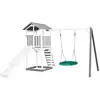 Image de Axi Beach Tower Aire De Jeux Avec Toboggan En Blanc, Balançoire Nid D'Oiseau Vert & Bac À Sable | Grande Maison Enfant Extérieur En Gris & Blanc |