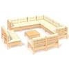 Image de Ensemble de salon de jardin 12 pièces vidaXL avec coussins crème, en bois de pin massif