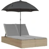 Image de vidaXL Bain de soleil double avec coussin & parasol Beige Poly Rattan