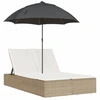 Image de vidaXL Bain de soleil double avec coussin & parasol Beige Poly Rattan