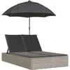 Image de vidaXL Bain de soleil double avec coussin & parasol gris clair Poly rotin