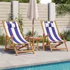 Image de vidaXL Chaises de plage 2 pcs. Pliable Bleu Blanc Tissu et bois massif