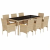 Image de vidaXL Salon de jardin 9 pièces avec coussins Beige Poly rotin verre