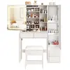 Image de Coiffeuse LED ZELURXX avec prise électrique, miroir coulissant avec 3 couleurs de lumière, grand espace de rangement, largeur 654 mm, tabouret inclus, blanc