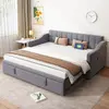 Image de MODFU Lit Gigogne Capitonné 90/180x190 avec Rangement Intégré et Prises USB, Lit 2-en-1 Multifonction pour Petit Espace, Cadre Métal - Gris - Sans Matelas