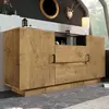 Image de MODFU Buffet - Buffet Bas avec 2 Tiroirs et 2 Placards Ajustables, Compartiment Ouvert, Verre ESG, 140x40x70 cm, Chêne Clair