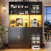 Image de OKWISH Buffet Haut de Cuisine - Avec Portes Vitrées et Étagères Ouvertes Pour Rangement Cuisine - MDF et Métal - Noir, 130×45×180 cm