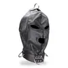 Image de Cagoule BDSM en similicuir trois ouvertures et anneaux