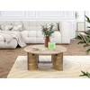 Image de Table basse ronde D.90 cm CERSEÏ plateau travertin et pieds bois massif de manguier clair BOBOCHIC