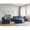 Image de Canapé d'angle fixe modulable ROUSSEAU tissu texturé avec 1 chauffeuse et 1 pouf bleu foncé angle droit BOBOCHIC 6 places