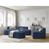 Image de Canapé d'angle fixe modulable ROUSSEAU tissu texturé avec 1 chauffeuse et 1 pouf bleu foncé angle gauche BOBOCHIC 6 places