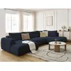 Image de Canapé panoramique convertible FUJI tissu bouclette avec pouf bleu foncé angle gauche BOBOCHIC 5 places
