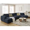 Image de Canapé panoramique convertible FUJI tissu lisse avec pouf bleu foncé angle gauche BOBOCHIC 5 places