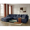 Image de Canapé panoramique convertible ROXELANE tissu bouclette avec pouf bleu foncé angle gauche BOBOCHIC 6 places