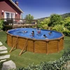 Image de Piscine ovale acier 6,34m x 3,99m x H: 1,32m - Imitation bois - Filtration à sable - Renforts apparents