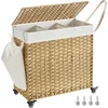 Image de SONGMICS Panier à Linge avec Couvercle, 140L, Corbeille Linge Sale Tressé, avec roulettes, 3 Compartiments, Sac Intérieur Amovible, pour Buanderie, Chambre, 66 x 33 x 66 cm, Couleur Boisée LCB363N01