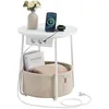 Image de VASAGLE Petite Table Basse Ronde, Table d’Appoint avec Panier en Tissu et Multiprise, Rangement, pour Salon, Chambre, Style Moderne, Blanc Mat et Marron Camel LET228W02