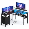 Image de VASAGLE Bureau en L avec Multiprise, d'angle, Informatique avec Rehausseur d'Écran, Gaming LED, 2 Tiroirs, 2 Ports USB, Facile à Monter, Noir Boisé LWD095B01