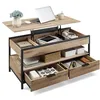 Image de VASAGLE Table Basse, Table de Salon avec Plateau Relevable, Tiroirs de Rangement, avec Rangement Ouvert et Compartiment Caché, Marron Camel et Noir d'encre LCT209K02