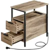 Image de VASAGLE Table d’Appoint avec Multiprise, Petite et Fine avec 2 Tiroirs, Table de Chevet avec Rangement, pour Salon, Chambre, Marron Camel et Noir d'encre LET325K01