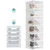 Image de SONGMICS Boîtes à Chaussures, Lot de 6, Empilables, Meuble à Chaussures Intégré, Pliable et Portable, Convient Jusqu’à la Pointure 46, Montage en 60s, Transparent et Blanc Nuage LSP205W01