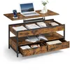 Image de VASAGLE Table Basse, Table de Salon avec Plateau Relevable, Tiroirs de Rangement, avec Rangement Ouvert et Compartiment Caché, Marron Rustique et Noir d’Encre LCT209K01