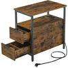 Image de VASAGLE Table d’Appoint avec Multiprise, Petite et Fine avec 2 Tiroirs, Table de Chevet avec Rangement, pour Salon, Chambre, Marron Rustique et Noir d'encre LET325B01