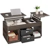 Image de VASAGLE Table Basse, Table de Salon Relevable avec 2 Tiroirs et Compartiments Cachés, Compartiments Ouverts, pour Salon, Bureau à Domicile, Marron Cendré LCT210K02