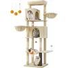 Image de Arbre à chat FEANDREA Grand, Tour à chat de 190,7 cm de haut, à plusieurs niveaux, avec 2 condos, 2 paniers, 5 poteaux à griffer, toilettage automatique, perchoir, hamac, beige PCT183Y01