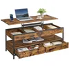 Image de VASAGLE Table Basse, Table de Salon avec Plateau Relevable, Tiroirs de Rangement, avec Rangement Ouvert et Compartiment Caché, 50 x 120 cm, Marron Rustique et Noir d’Encre LCT252K01
