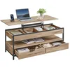 Image de VASAGLE Table Basse, Table de Salon avec Plateau Relevable, Tiroirs de Rangement, avec Rangement Ouvert et Compartiment Caché, 50 x 120 cm, Marron Camel et Noir d’Encre LCT252K02