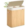 Image de SONGMICS Panier à Linge 100 L, Corbeille Linge Sale 2 Compartiments de Tri, Couvercle, en Bambou, Poignées, Pliable, Sac Amovible Lavable en Machine, pour Buanderie, Chambre, Couleur Boisée LCB074Y01
