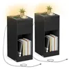 Image de VASAGLE Lot de 2, Table de Chevet Étroite, Table d’Appoint, avec Éclairage LED, 1 Port USB-A, 1 Port USB-C, Tiroirs et Compartiments Ouverts, pour Chambre, Salon, Noir Boisé LET710B01