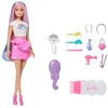 Image de Barbie Chevelure Arc-en-Ciel Paillettes Poupée avec chevelure colorée extra-longue et 12 accessoires de coiffure tels qu’un tube de paillettes, une brosse, des barrettes, JJP07