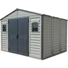 Image de Duramax WoodBridge II PLUS 10.5 x 8 (7.64 m²) Abri de jardin en plastique avec kit de fondation et 2 fenêtres fixes - Structure de toit en métal robuste, Sans entretien, Gris foncé/ Adobe
