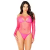 Image de Leg Avenue Body à manches longues en résille cristallisée avec entrejambe à boutons-pression pour femme, rose fluorescent, taille unique