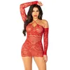 Image de Leg Avenue Mini Robe sans Couture en Dentelle et Filet à épaules dénudées pour Femme, Rouge, Taille Unique