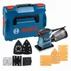 Image de Bosch Professional Schwingschleifer GSS 160-1 A Multi (Staubbox inklusiv Microfilter, 3x Schleifblatt, 3x Schleifplatte, Lochwerkzeug, 1x Schraubendreher) + 10x Schleifnetz-Sets Expert M480 (Hartholz, Farbe auf Holz, 100x150 mm, Körnung 80/120/180)