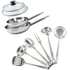 Image de Fackelmann 9440250 Set poêles 20 et 24 cm en inox 18/8, Couvercle verre et 6 ustensiles inox, Poêle tous feux, Poêle induction, Poêle sans PFAS, Manche riveté, Inox, Verre, 20 et 24 cm