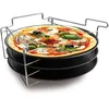 Image de Baumalu, Lot de 3 Plaques à Pizza avec Support Ajustable, Diamètre 30 cm, Anti-adhérent, Couleur Argent et Noir, Hauteur 15 cm, Idéal pour Cuisson Multiple