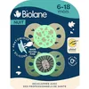 Image de BIOLANE - Tétines anatomiques de nuit - Sucettes phosphoerescente extra-fines - 6 à 18 mois - Vert et Beige - Téterelle plate et réversible- Confort optimal- Respect du développement bucco-dentaire