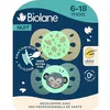 Image de BIOLANE - Tétines anatomiques de nuit - Sucettes phosphorescente extra-fines - 6 à 18 mois - Bleu et Beige - Téterelle plate et réversible- Confort optimal- Respect du développement bucco-dentaire