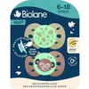 Image de BIOLANE - Tétines anatomiques de nuit - Sucettes phosphoerescente extra-fines - 6 à 18 mois - Rose et Beige - Téterelle plate et réversible- Confort optimal- Respect du développement bucco-dentaire