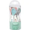 Image de BÉABA, Set Premiers Couverts ergonomiques, Lot de 6 Cuillères & 4 Fourchettes, Manche court et arrondis, Prise en main facile pour Bébé, Adaptée aux droitiers et aux gauchers, Gris/Bleu/Rose
