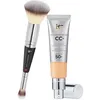 Image de IT Cosmetics, Lot de 2 produits, Crème CC+ Anti-Âge Your Skin But Better, Haute Couvrance, Waterproof, Fini Naturel, 32 ml, Teinte Neutral Medium + Heavenly Luxe #7, Pinceau Double Embout