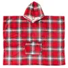Image de Poncho junior double face flanelle/sherpa imprimé carreaux rouge 100x80cm