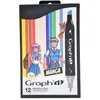 Image de Graph'it - Set de 12 Marqueurs à Alcool Double Pointe : Fine et Biseautée pour Dessin de Manga, Illustration, Colorant, Esquisse, Écriture - Rechargeables - Set Manga