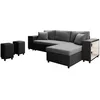 Image de LOUNGITUDE - Canapé d'angle Convertible avec Coffre, 2 poufs et étagère en Simili et Microfibre - Noir/Gris - 3 + 2 Places