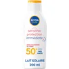 Image de NIVEA SUN Lait solaire Sensitive protection immédiate FPS 50+ (1x200 ml), protection anti UV non parfumée & résistante à l’eau, écran solaire texture légère non grasse pour peaux sensibles