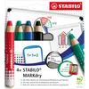 Image de STABILO MARKdry - Crayon marqueur - Etui carton x 4 Crayons Ardoises et Tabeaux Blancs, Crayon Large à Mine XXL, Effaçable, Taille-crayon + chiffonnette - Coloris assortis noir, bleu, rouge, vert
